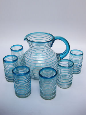 MEXICAN GLASSWARE / Aqua Blue Spiral 120 oz Pitcher and 6 Drinking Glasses set / Swirls of aqua blue color embelish this set, reminiscent of the tropical caribbean waters of Cancun.